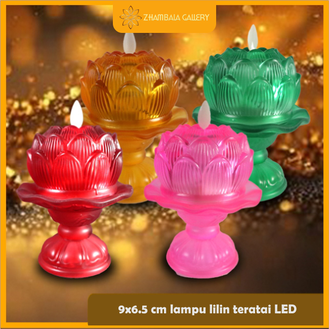 Lampu lilin Altar Puja Sembahyang teratai LED + stand kaki merah