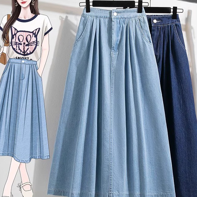 Unggul  kekan factory  Rok Korean Style Jeans Wanita Hh Waist Biru melar rok jeans karet belakang Pa
