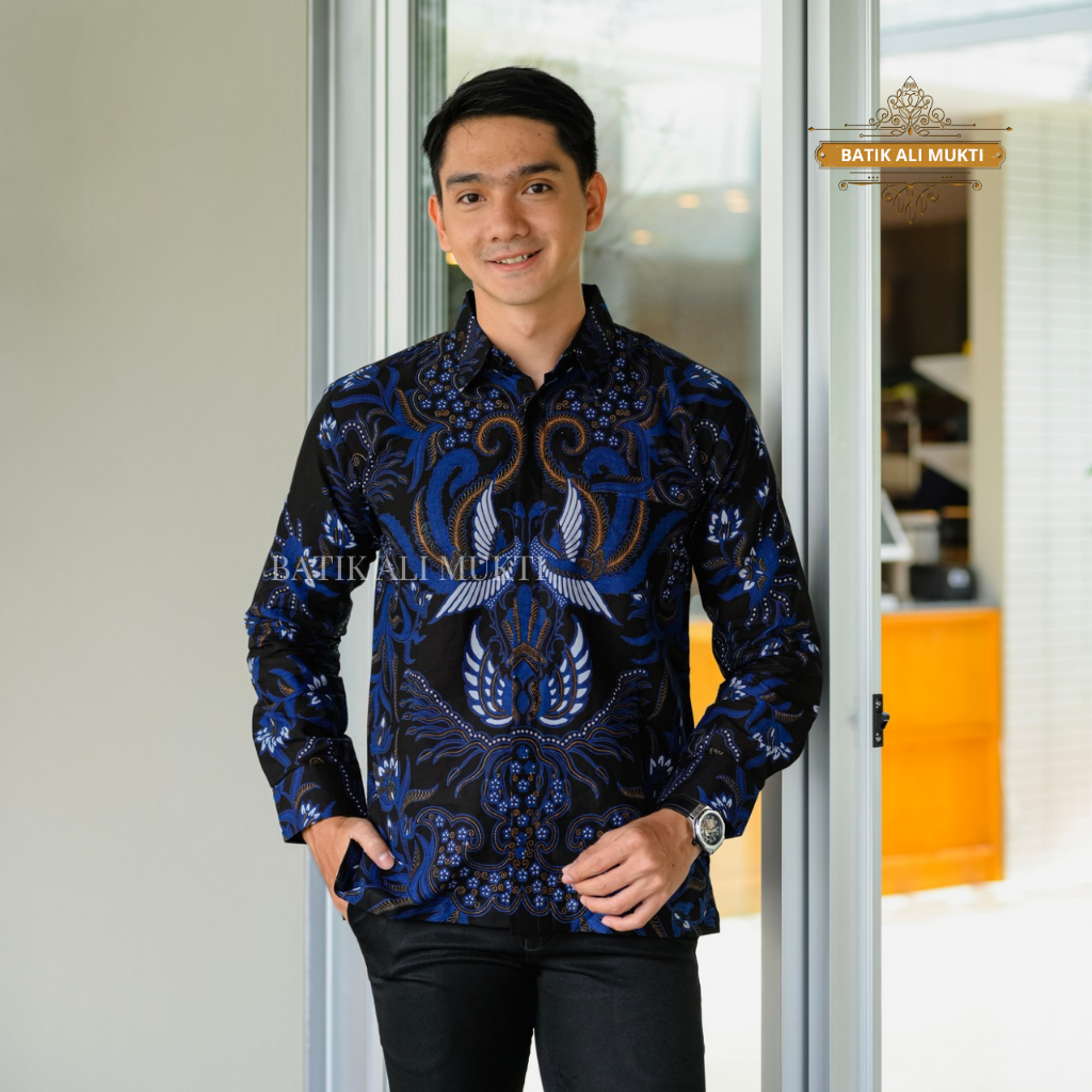 Batik Pria Lengan Panjang Baju Kemeja Kondangan Anak Muda Katun Halus Furing Motif Gurdo Biru Navi