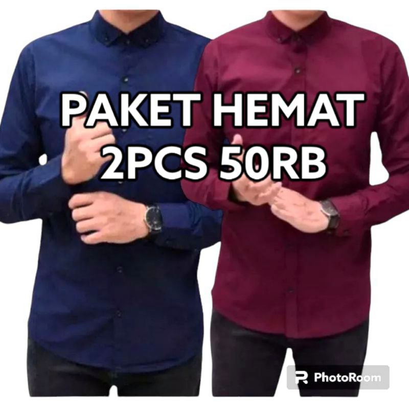 Paket 2 Pcs Kemeja Polos Lengan panjang Pria Dewasa Model Slimfit Saku sebelah Casual - Hitam putih