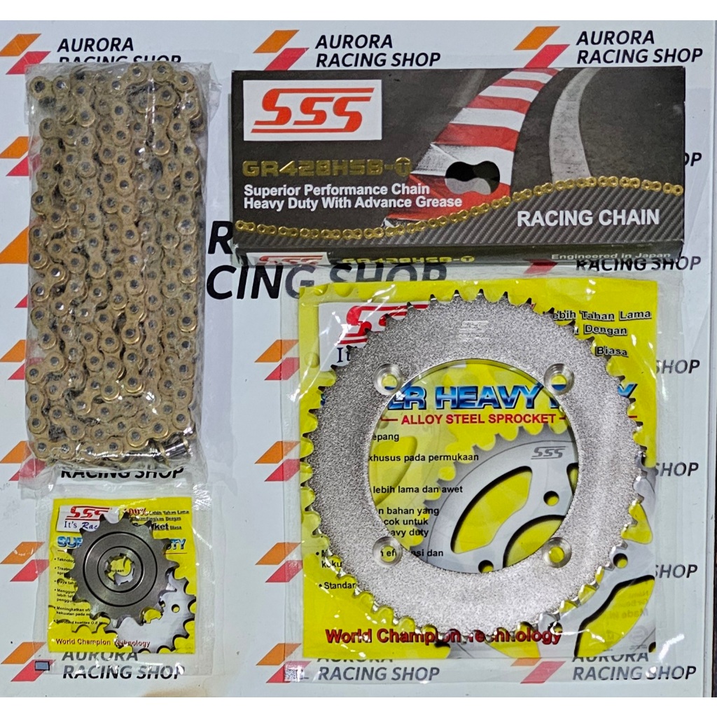 GEAR SET SSS SUPER MOTO KLX 150 / D TRACKER 150 & RANTAI  SSS 428 HSBT GOLD ORIGINAL