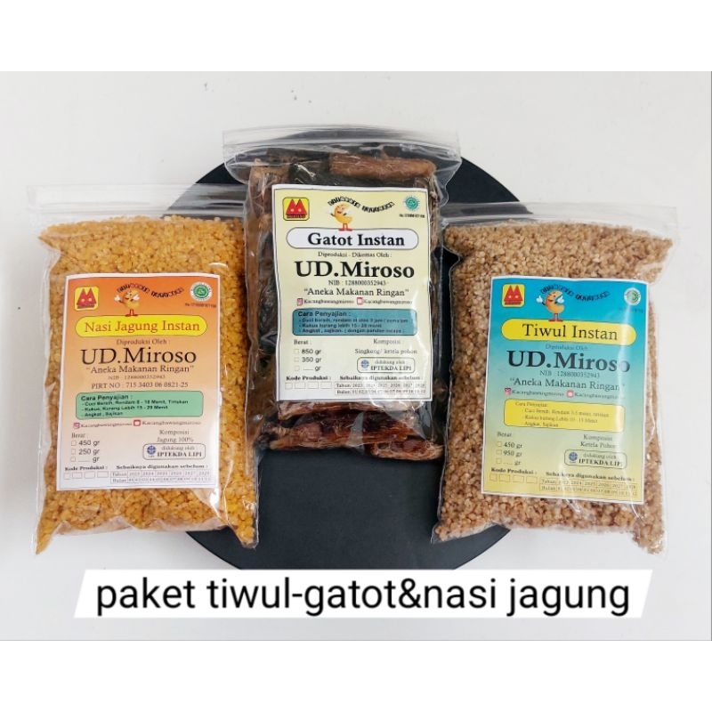 

600gr paket isi 3 : 200gr tiwul, 200gr gatot & 200gr nasi jagung instan asli gunungkidul UD.Miroso GK