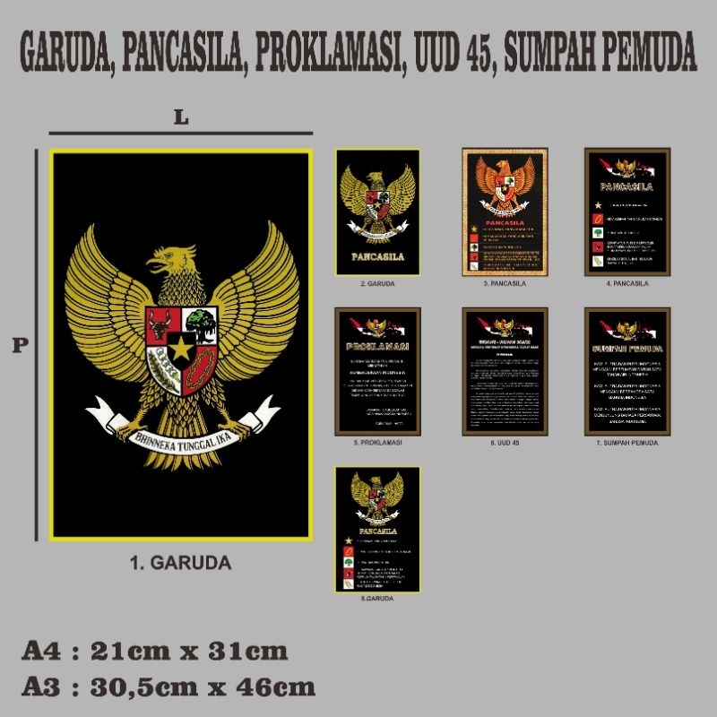 Poster Garuda, Pancasila, Proklamasi, UUD 45,  Sumpah Pemuda (A4)