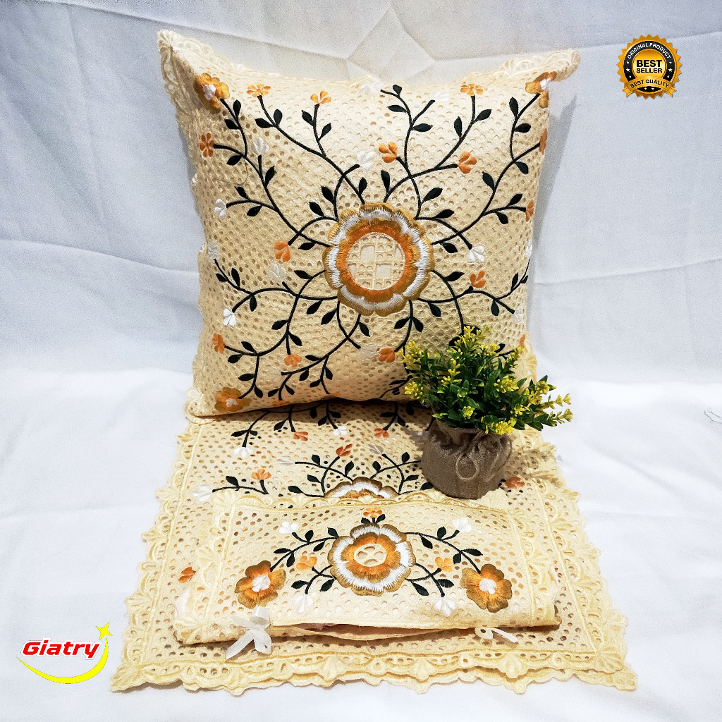Set sarung bantal kursi bordir edisi krem/ caver bantak sofa/ taplak meja tamu/ meja makan/sarung ba