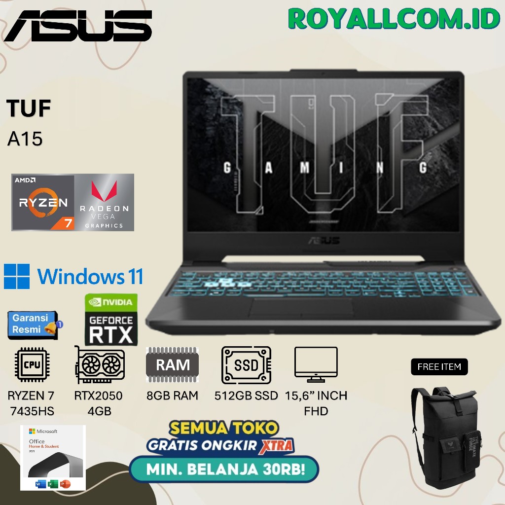 ASUS TUF A15 FA506NFR RYZEN 7 7435HS RTX2050 4GB/ 8GB 512GB W11+OHS+O365