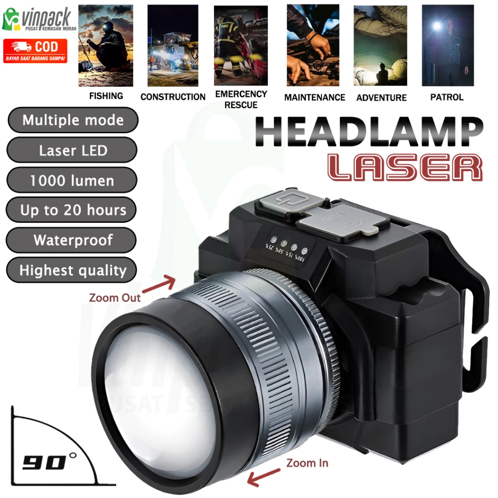 Senter Kepala Zoom LED Laser Rechargeable 3 Mode 1000W Tahan 20 Jam/ Lampu Kepala LED Laser Super Te
