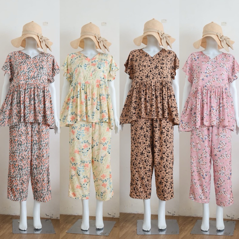 {BISA COD} LD 115 LP 70 SETELAN DASTER RAYON RUFFLE CELANA PANJANG