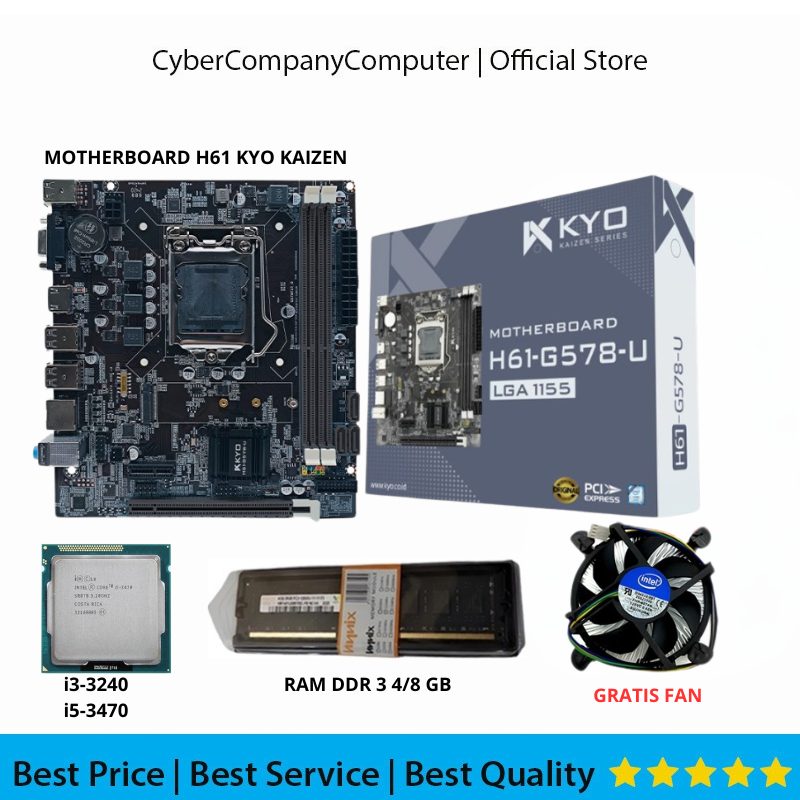 Paket Motherboard KYO KAIZEN H61 Socket LGA1155 DDR3 Gen2/3 Intel Core Processor i3-3240/i5-3470 Sup
