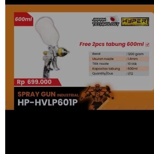 spray gun hp-hvlp601P Free 2 tabung spray gun tabung 1,4