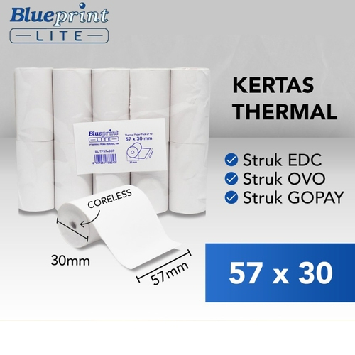 

KERTAS THERMAL BLUEPRINT EDISI 57X30 UNTUK KASIR DLL 1PACK ISI 10PCS