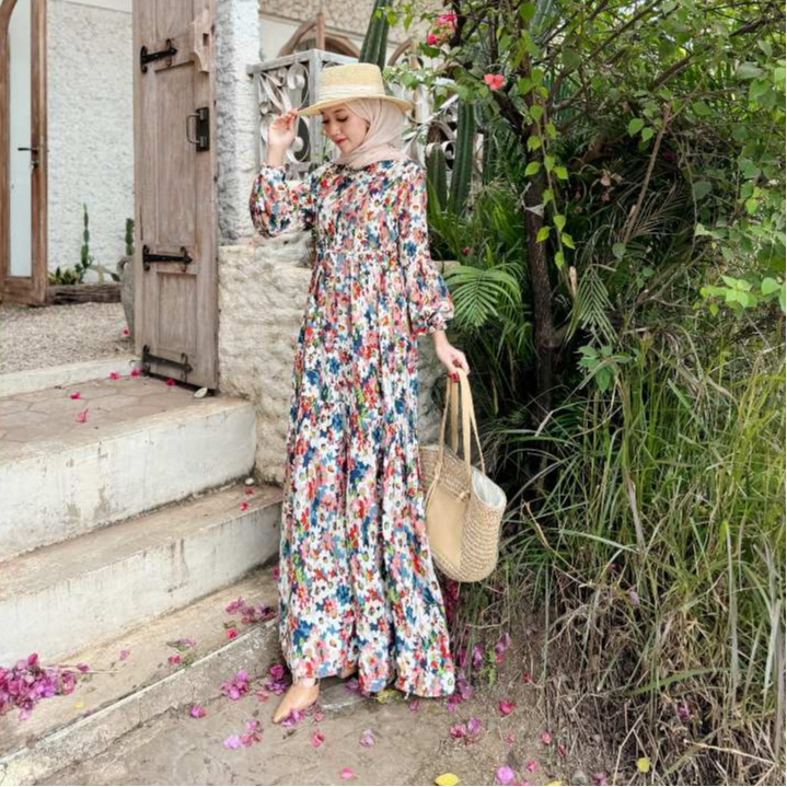 YOLANDA DRESS RAYON VISCOSE MOTIF PREMIUM LENGAN PANJANG BUSUI FRIENDLY MURAH MERIAH