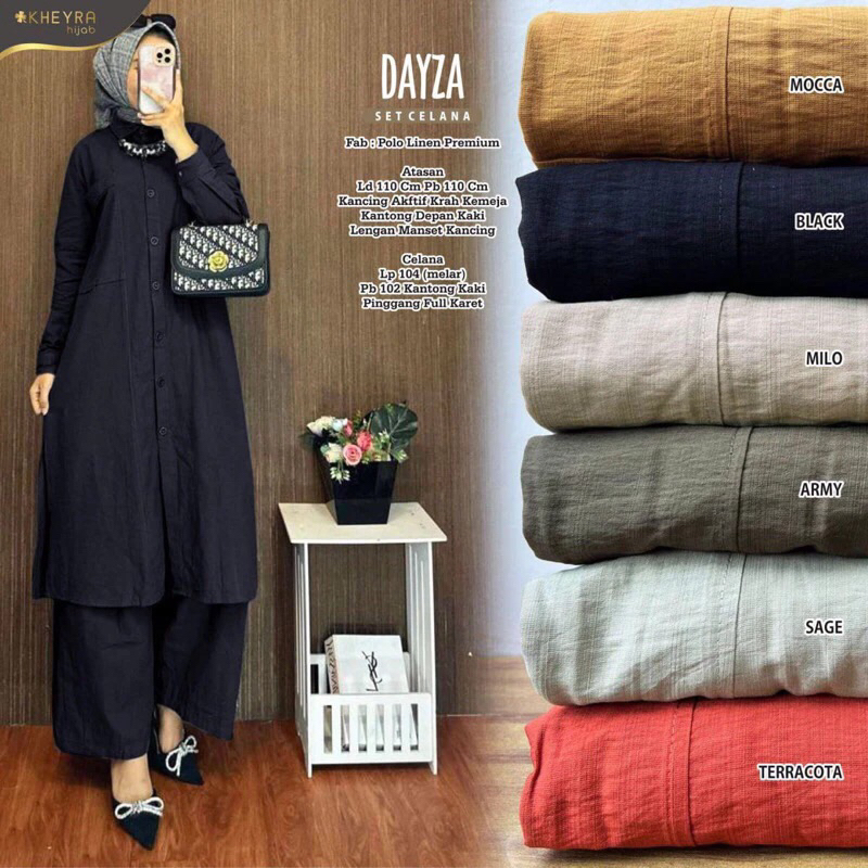 Dayza Set Ori By Kheyra Hijab Setelan Wanita Celana Panjang Polos Bahan Polo Linen Ld 110 [ READY CO