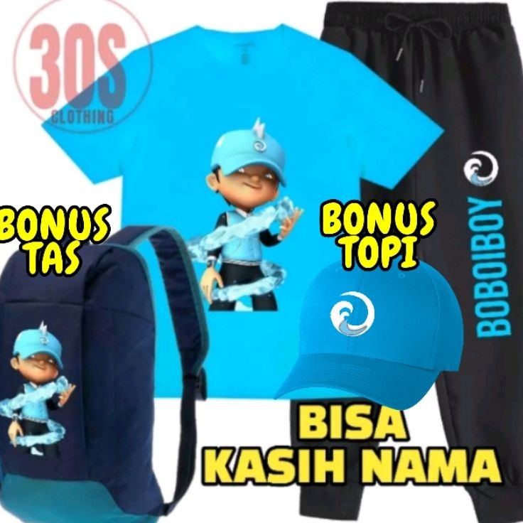 New Product  Setelan Kaos Celana Bonus Topi dan Tas Ransel Anak Boboiboy Air dan Bisa Kasih Nama