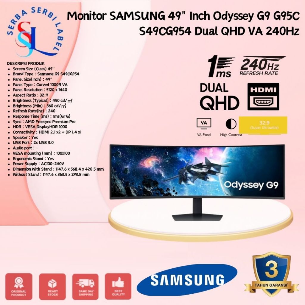 SAMSUNG 49" Odyssey G9 LC49G95TSSE Curved Monitor C49G95TSSE C49G9 ORI - S95C ODYSSEY-G9