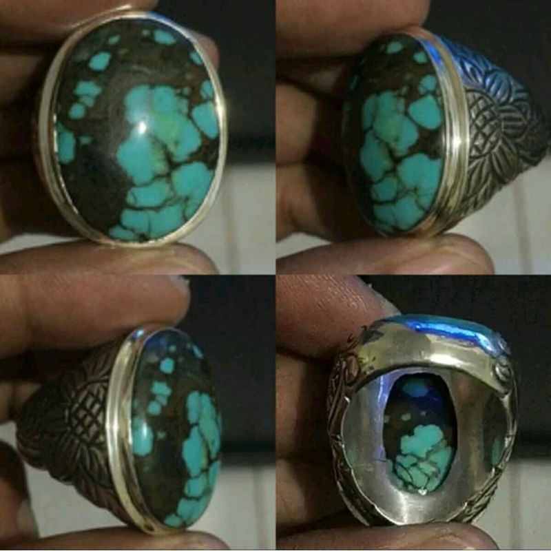 Natural Pirus Tibet Ceplok Kuro Set in Ring Perak Ukir Handmade  Size 9