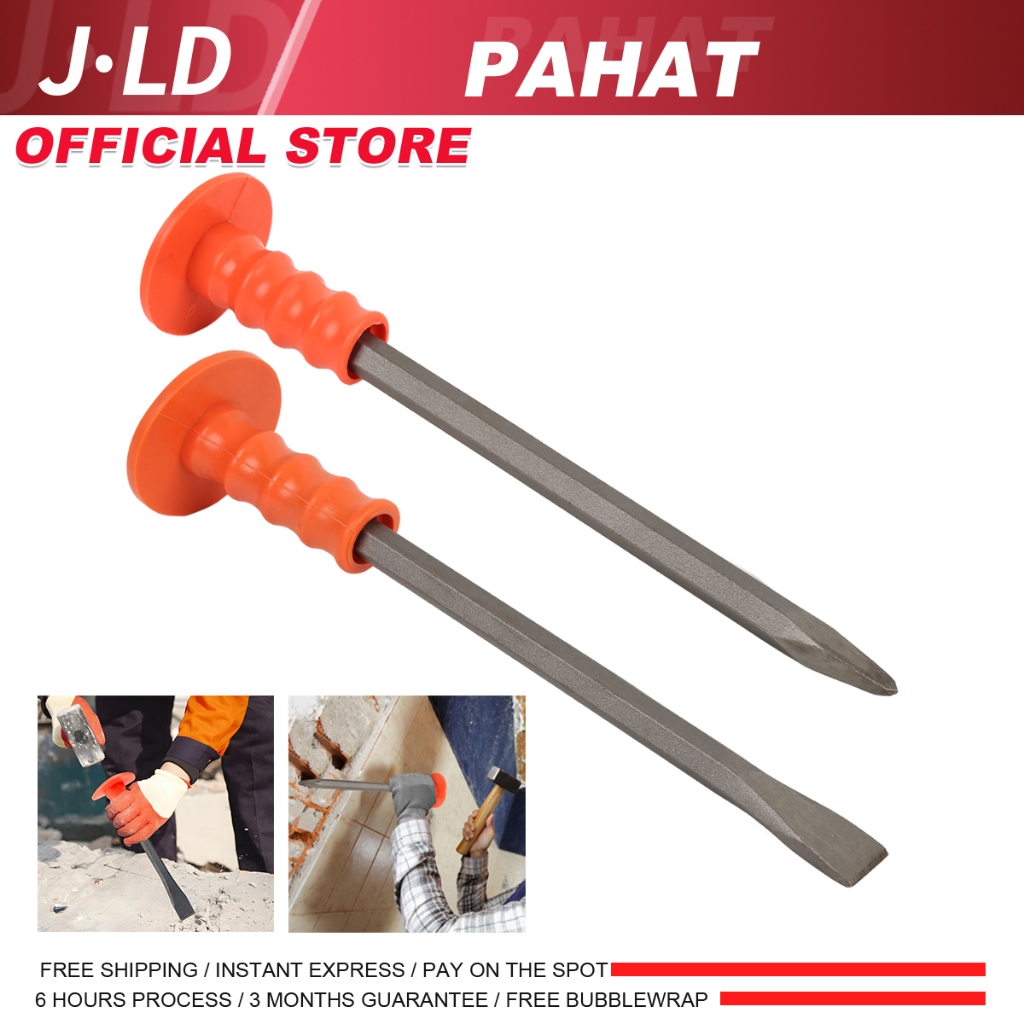 JLD Pahat Beton Topi Batu Lancip Pipih UK 8/10/12 Inci Point/Flat Masonry Chisel dengan Pelindung Ta