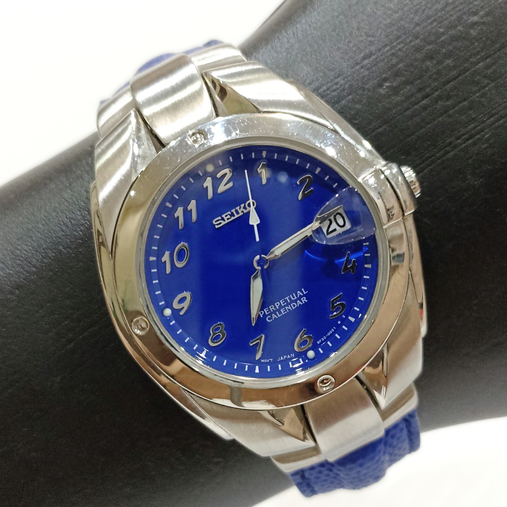 Jam Tangan Seiko Perpetual Calendar Vintage Blue 8F32 0029 Quartz Watch Kulit Biru Stainless Pria