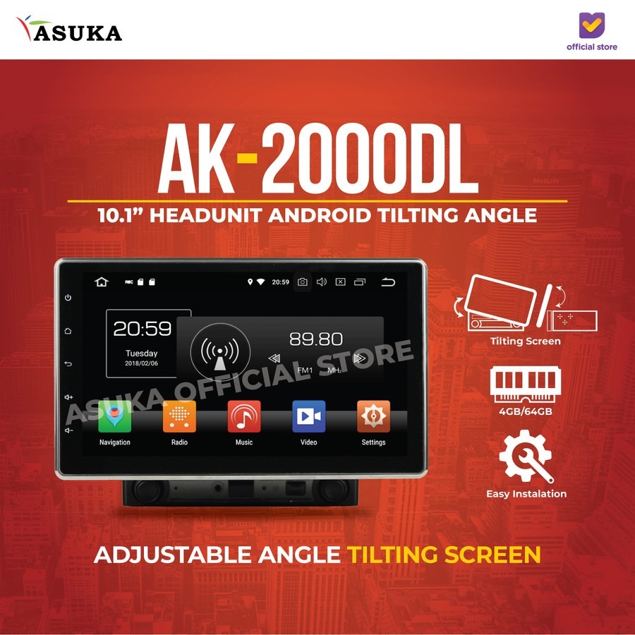 Asuka AK 2000 DL Headunit Android Tilting Angle 4/64GB Garansi Resmi