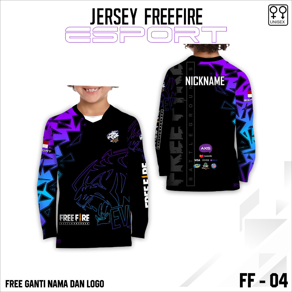 Jersey e sport baju ff kaos esport gamer ff terbaru anak lengan panjang