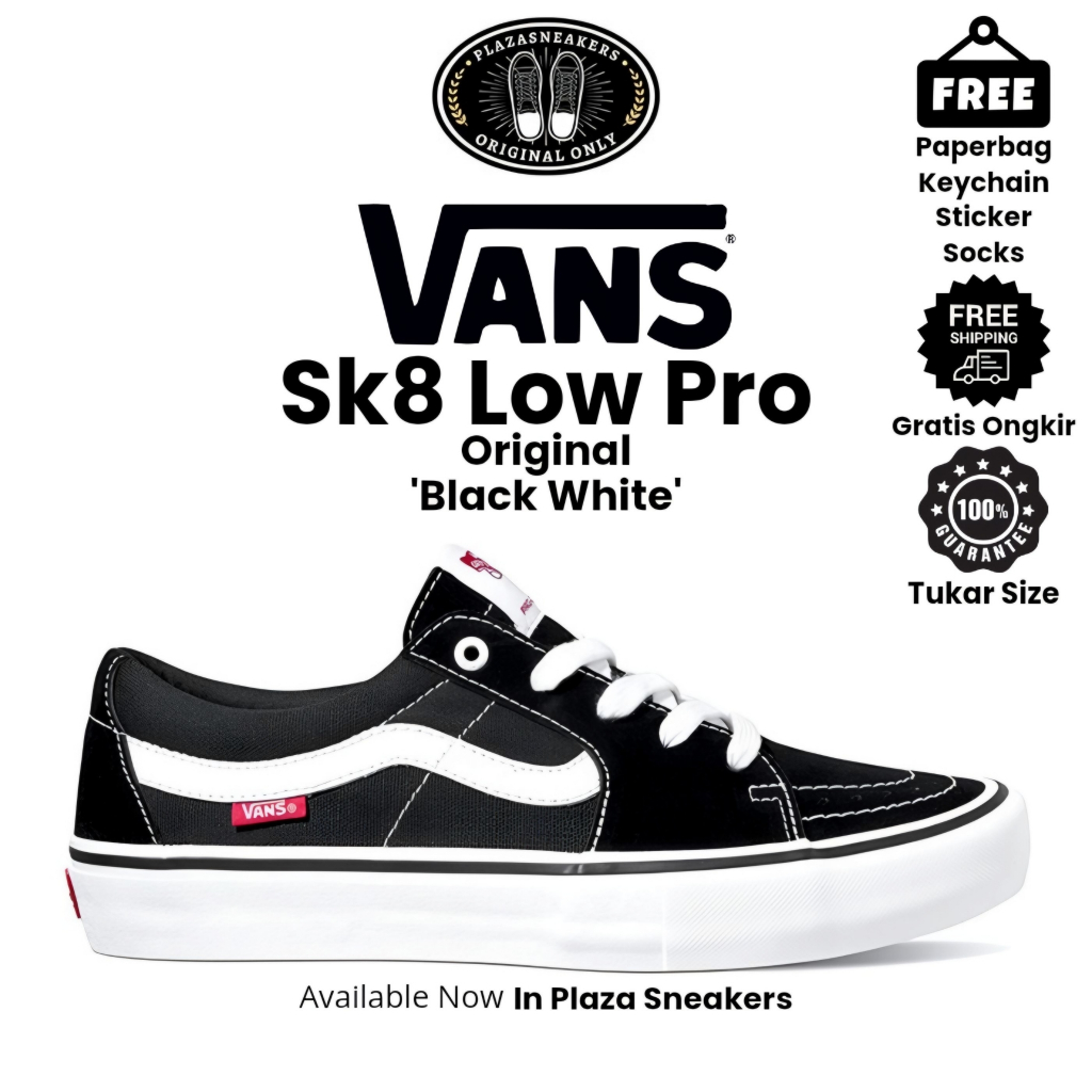 Sepatu Vans Sk8 Low Pro Black White Pria Wanita Sneakers Original