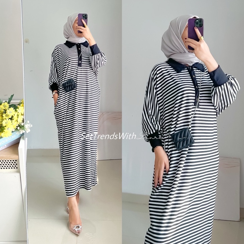 KODE W48Y Bela Stripe Dress Bahan Babyterry Untuk Busui  Gamis Jumbo