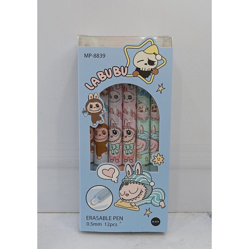 

ID (12PCS) PEN JEL CETAK BISA HAPUS GELPEN TINTA HITAM BOLPOIN GEL ERASABLE LABUBU SANRIO KUROMI