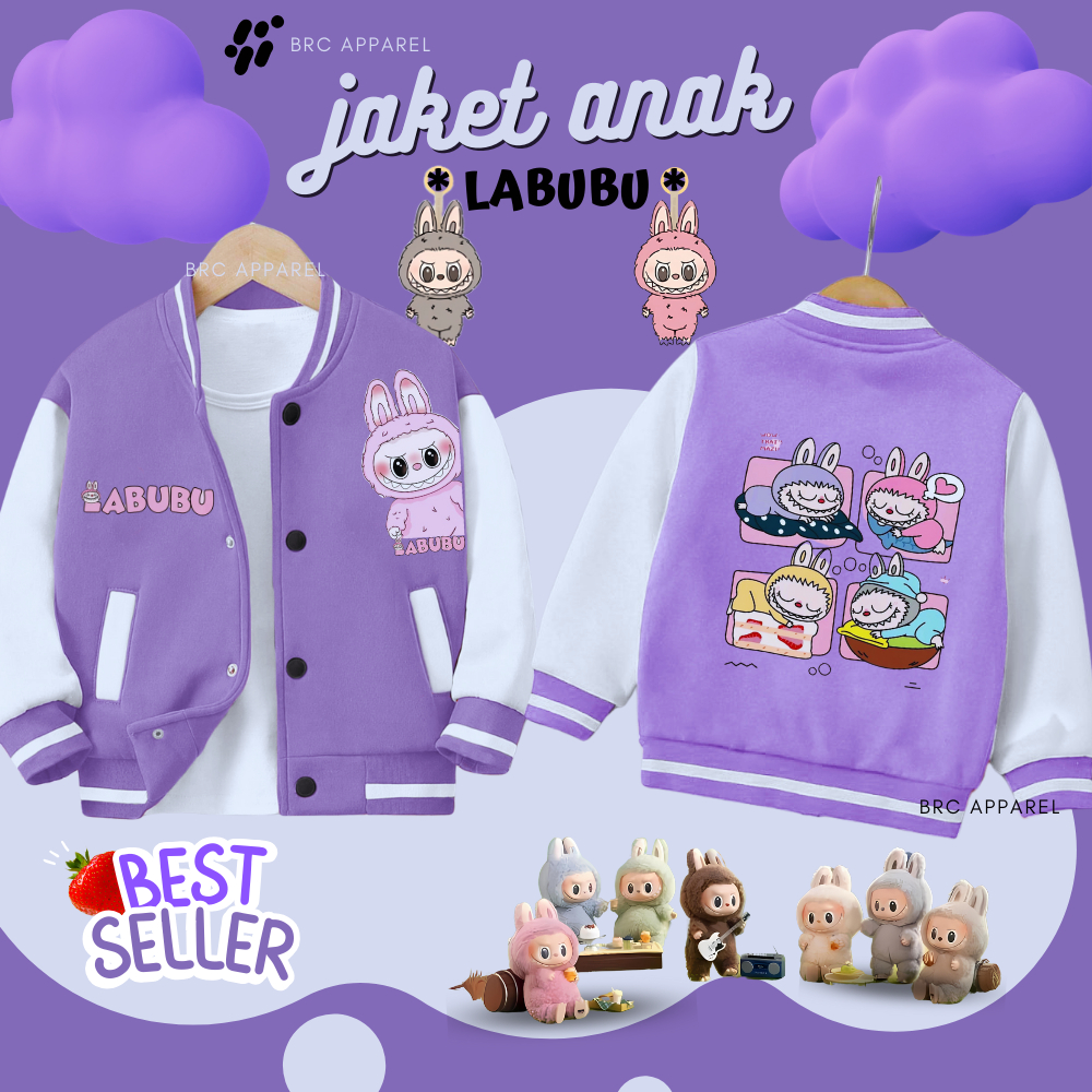 JAKET ANAK CEWEK COWOK LABUBU JAKET BASEBALL JAKET VARSITY JAKET ZIPPER HOODIE PEREMPUAN RISLETING U