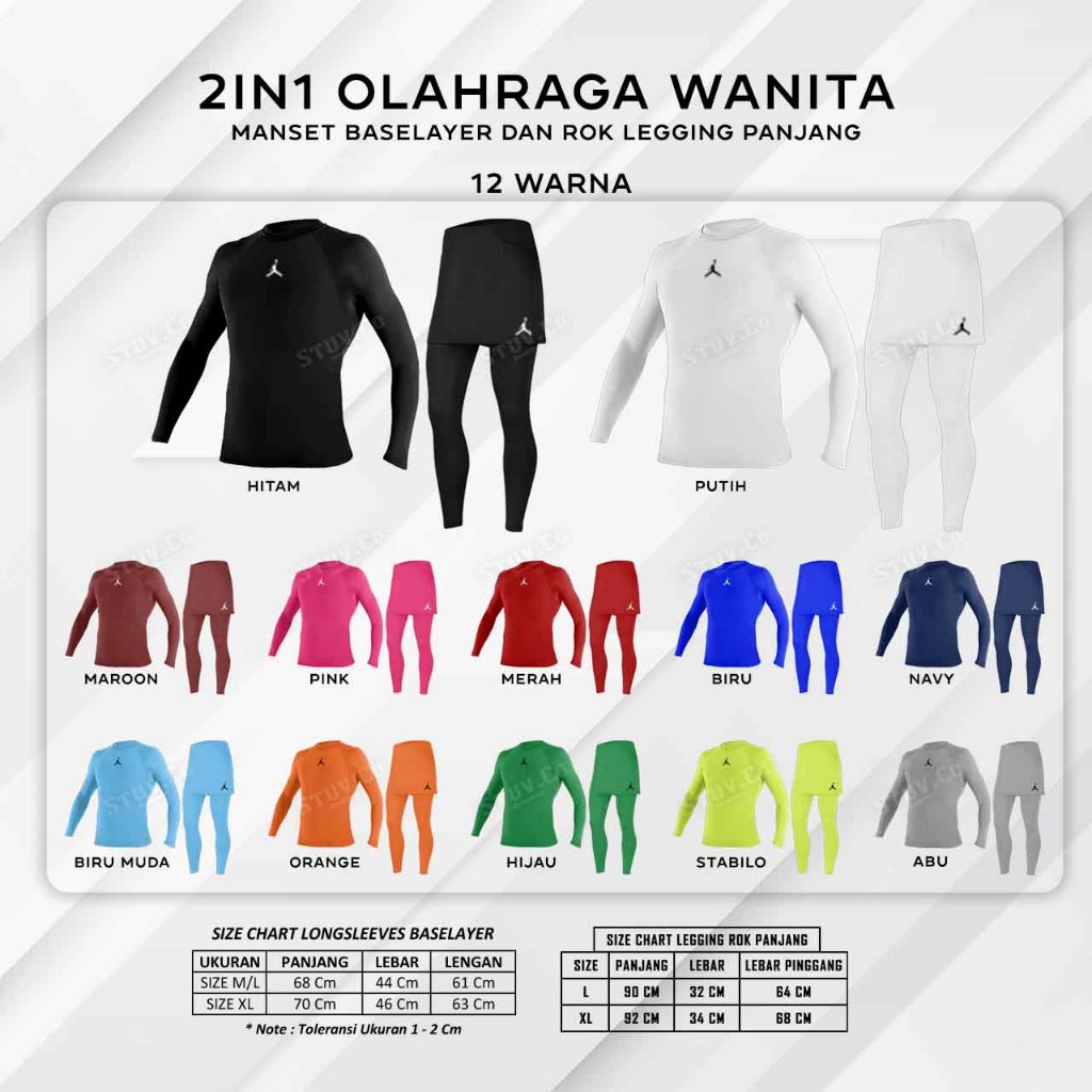 2IN1 SETELAN MANSET BASELAYER LENGAN PANJANG LONGSLEEVE CELANA ROK LEGGING PANJANG WANITA BAHAN HYGE