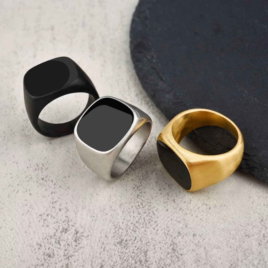 Cincin Kotak Semi Bulat Batu Hitam Stainless Premium 16mm - Statement Ring Titanium Steel Import Bla