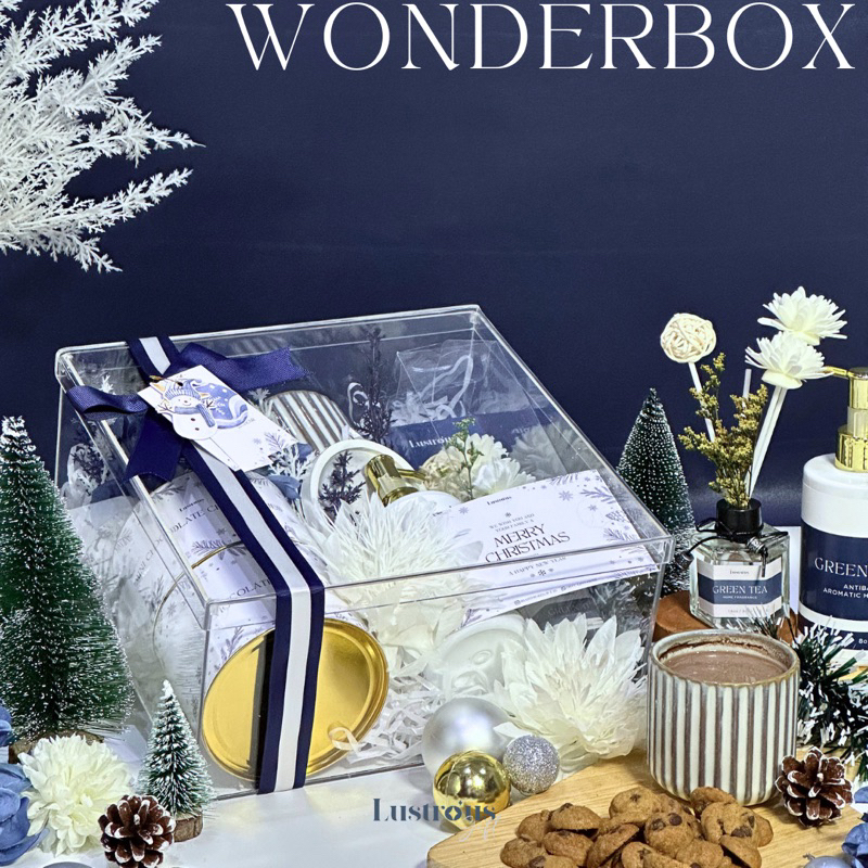 

WONDERBOX Package Christmas Gift Hampers Natal acrylic box kotak akrilik mini chocolate chip cookies hot chocolate powder, japanese artisan cup, marble coaster reed diffuser hand soap