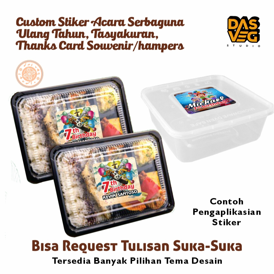 

Stiker untuk acara Ulang Tahun, Tasyakuran, Birthday, Thanks Card Souvenir/Hampers Custom Serbaguna di Kotak Nasi/kue/bento/mika/rice Bowl/box Plastik dll