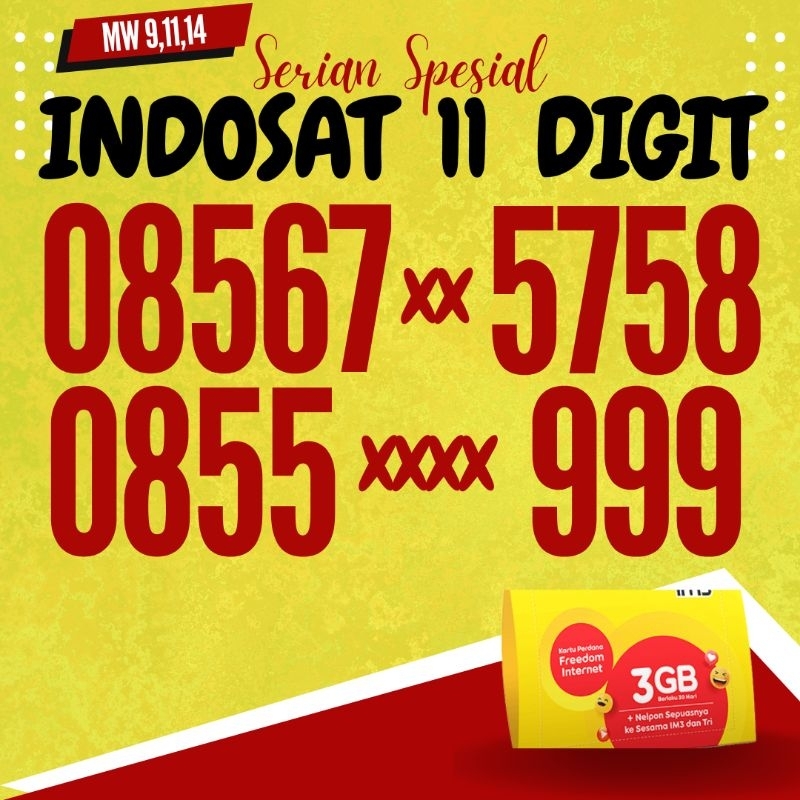 Nomer Cantik Indosat 11 Digit Serian Belakang Triple 888 999 11 Digit Kode MW9 MW11 MW14 No Cantik I