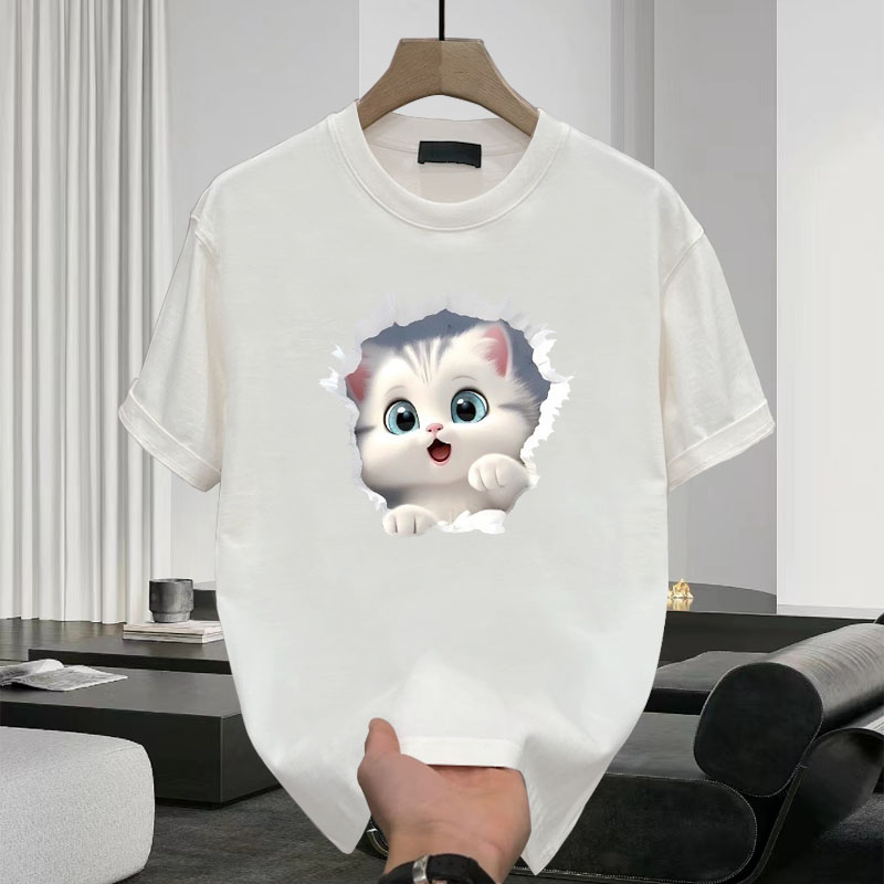 Kaos lengan pendek pria dan wanita musim panas pasang surut kucing lucu cetak kucing pakaian longgar