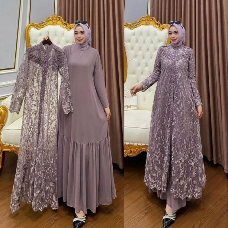 Gamis Set Outer Iner Brukat Payet Pesta Mewah Terbaru Fashion Muslim Perempuan Dress