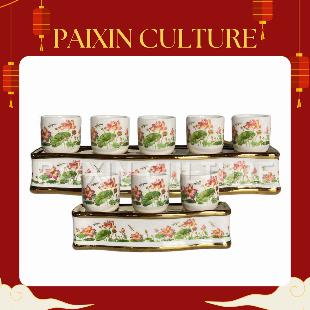 Cangkir Set Keramik Altar Sembahyang / Cangkir set Keramik Putih Motif Teratai /Lianhua Pink List Em