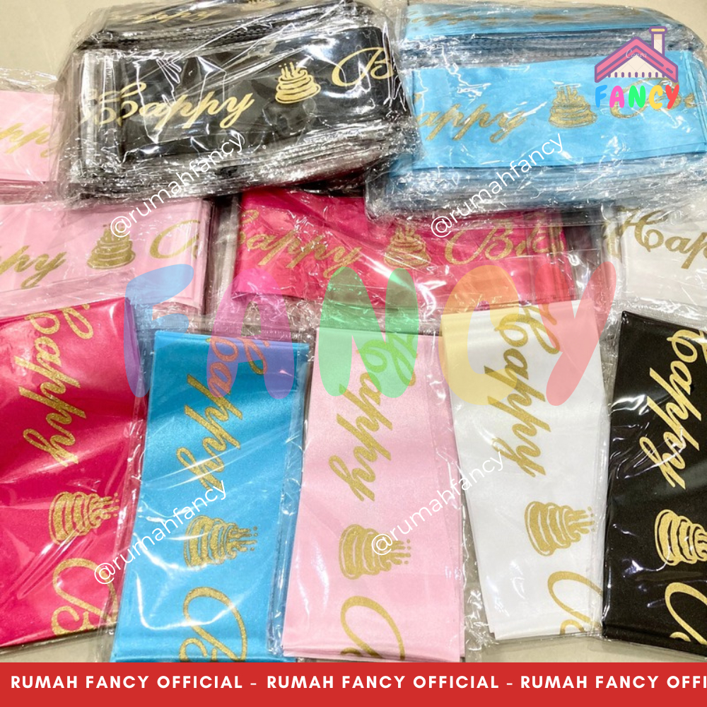 PROMO  Selempang Tulisan Happy Birthday TEBAL / Sash Ulang Tahun Happy Birthday Sablon Gold Warna Pi