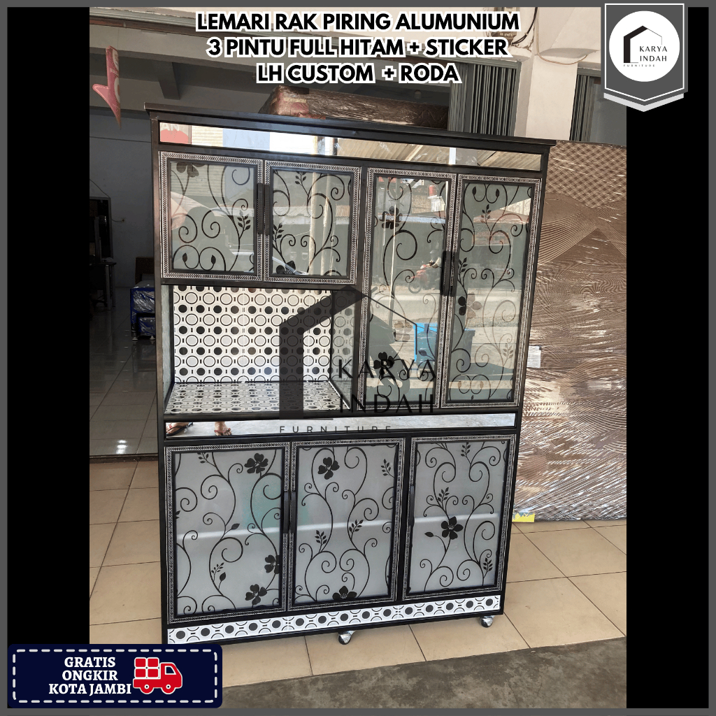 Lemari Rak Piring Dapur ALUMUNIUM 3 Pintu JUMBO FULL HITAM OPS CUSTOM STICKER Kaca Roda Alumunium