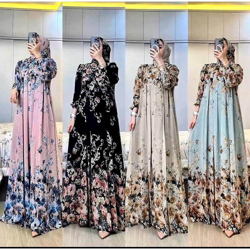 Gamis set Hijab premium "Naraya"|Dress wanita muslim bahan rayon diamond premium motif etnik bunga
