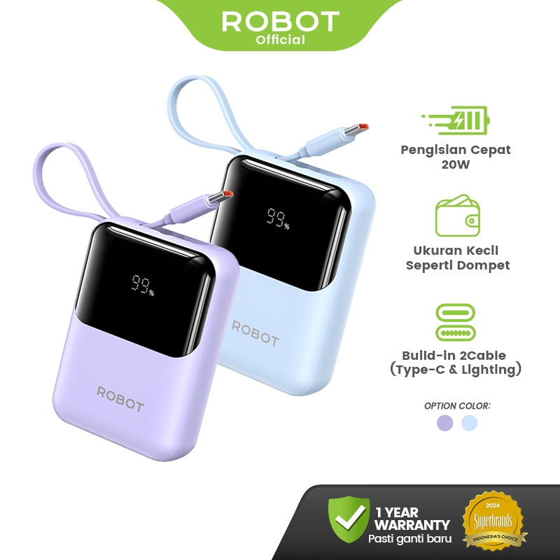 ROBOT Powerbank Mini  Fast Charging 20W 9000 mAh Kabel iPhone Android Lighting Type C LED RT16 Origi