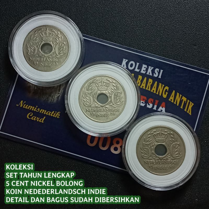 UKI0105Coin Set Thn Lengkap 5 Cent Nickel bolong Nederlandsch Indie 1913/1921/1922 Detail Bagus Suda