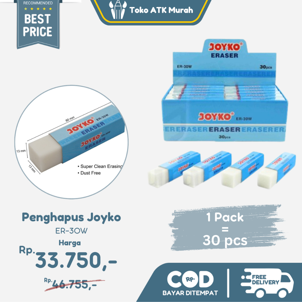 

Eraser / Penghapus Joyko ER-30 1 Pak / 30 Pcs / penghapus Putih Joyko