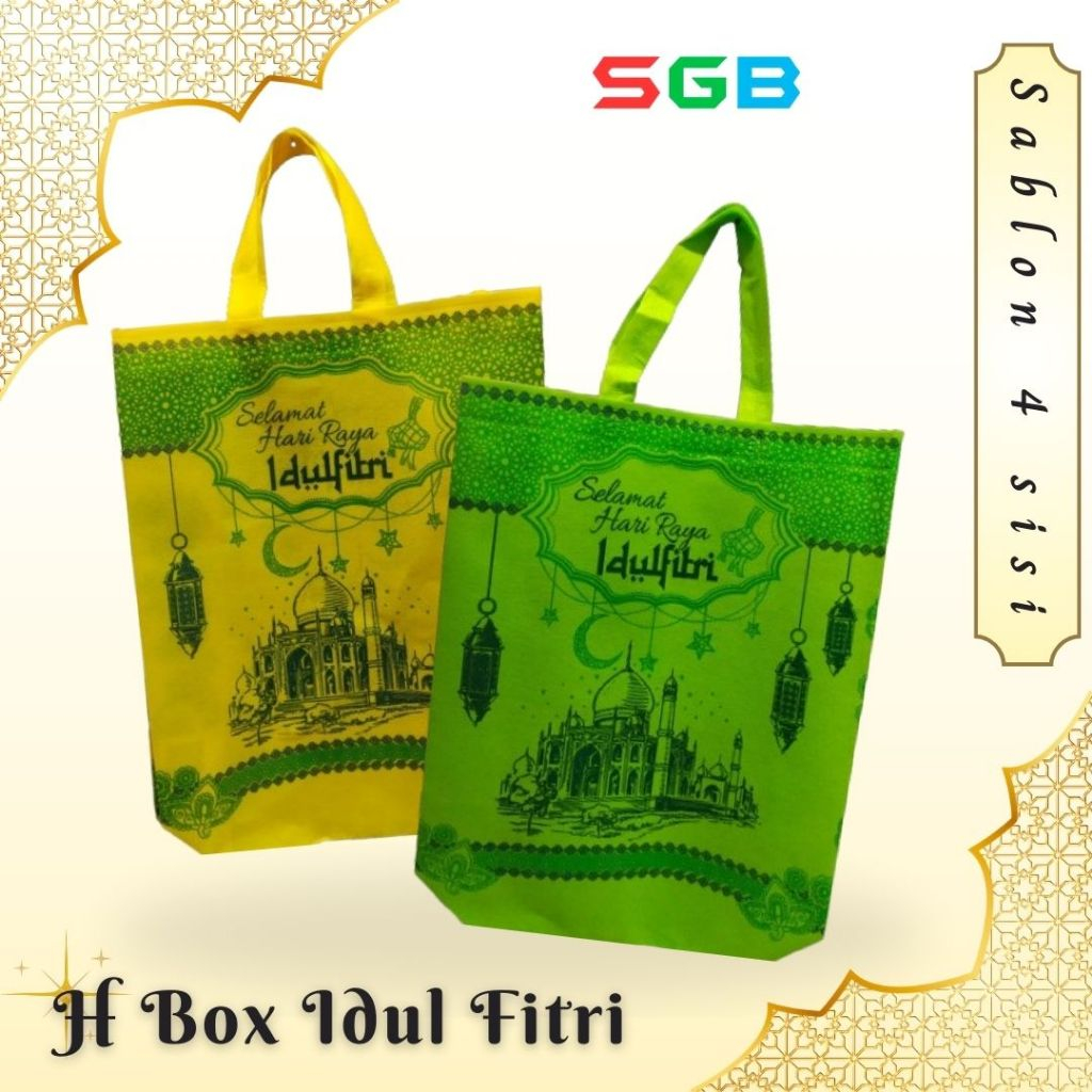 

1 LUSIN (12pcs) Goodie Bag HANDLE BOX 35x46x12 / 30x40x10 Idul Fitri 2 SISI / Tas Spunbond Standing Lebaran
