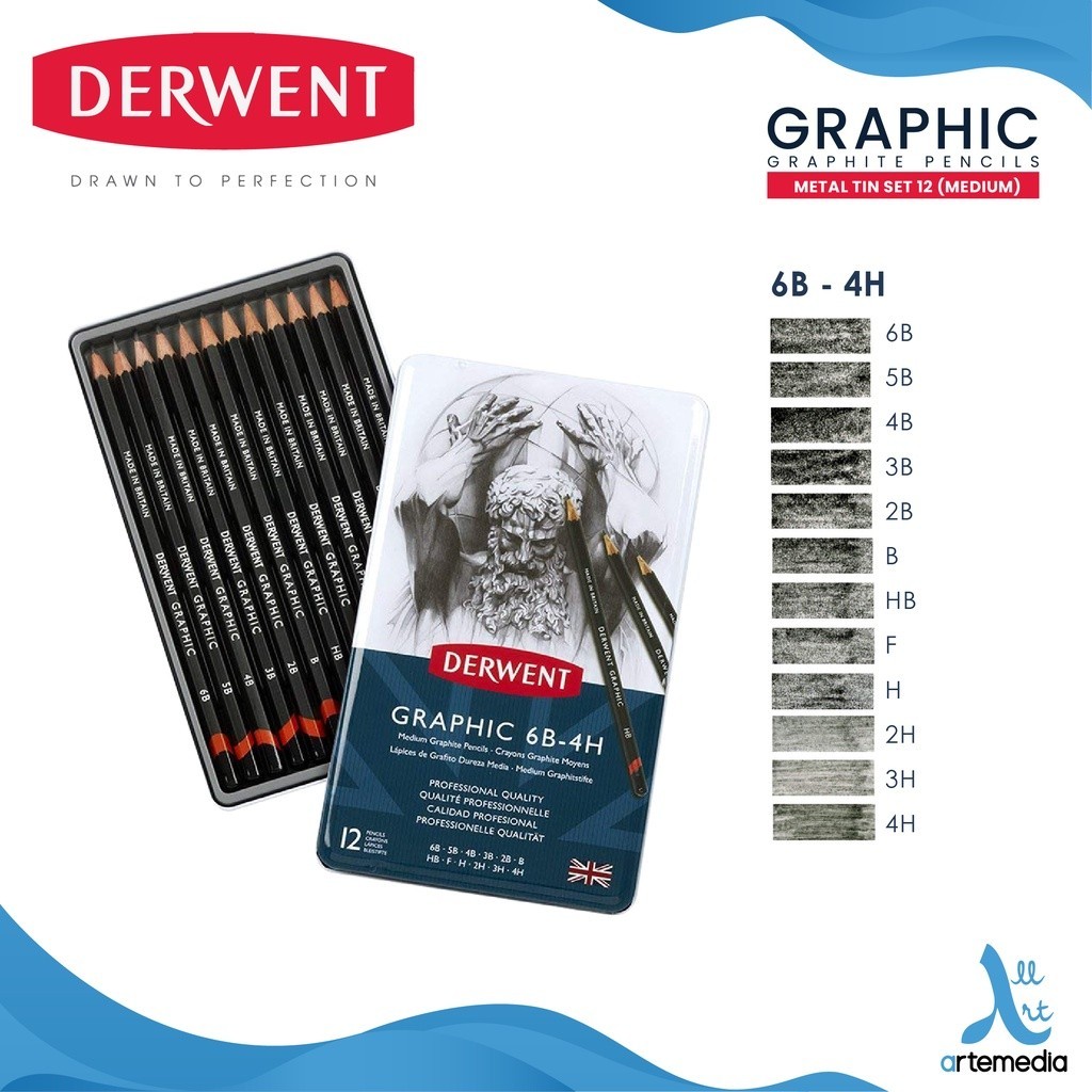 

Gramedia Surabaya - Derwent Graphic Pencil medium 12 Metal Tin Drawing Sketching /34214