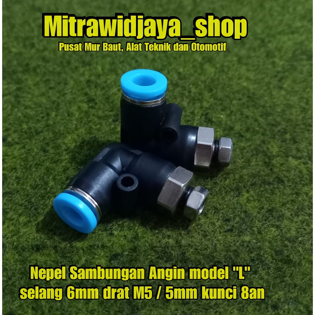 Nepel sambungan angin model L Fitting pneumatic / sambungan selang angin 6mm Model ELL drat M5 5mm s