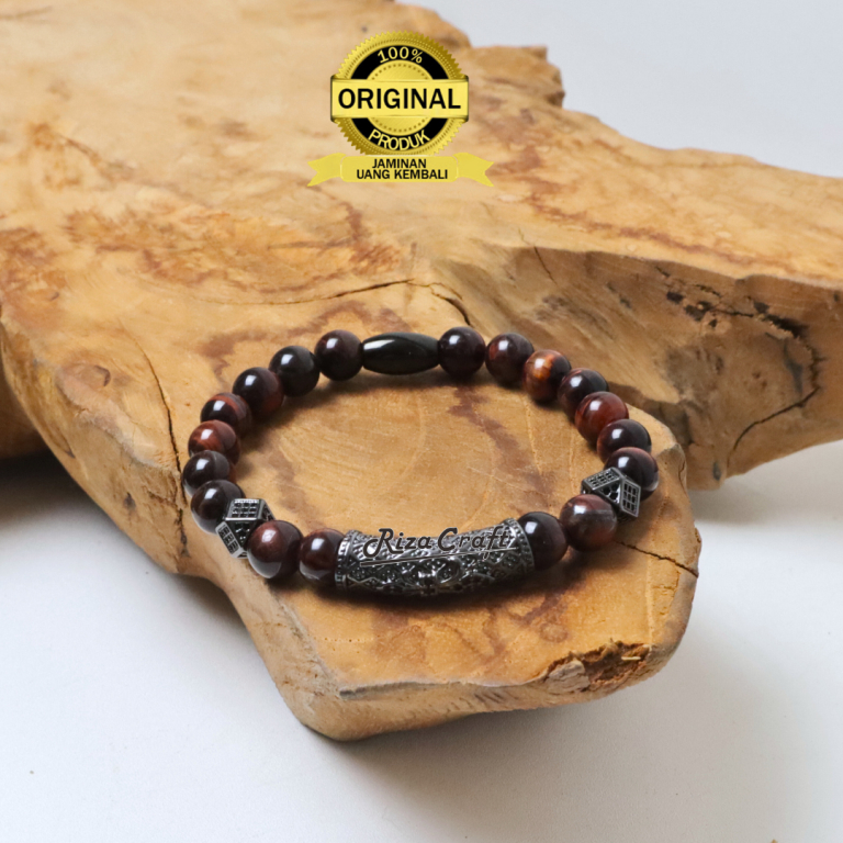 Rizacraft Gelang Batu Alam Akik ASLI Red Tiger Eye Merah Pria Wanita Vintage Aesthetic ZEUS BRACELET
