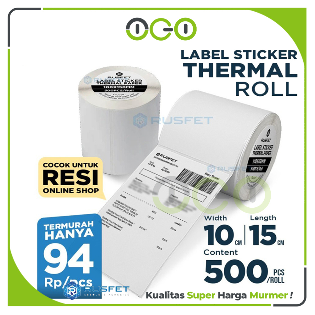 

Sticker Paper Label 10cm x 15cm - 500 Pcs Thermal Kertas Termal Printer Resi Per Roll - RUSFET