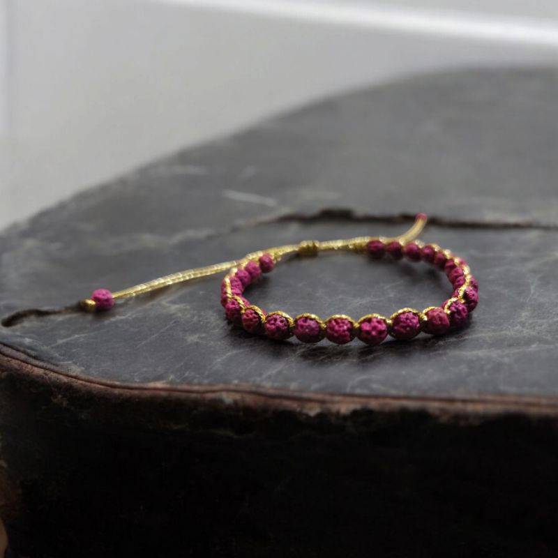 Macrame Bracelet Gelang Tali Makrame Benang Emas Batu Lava Stone 4mm