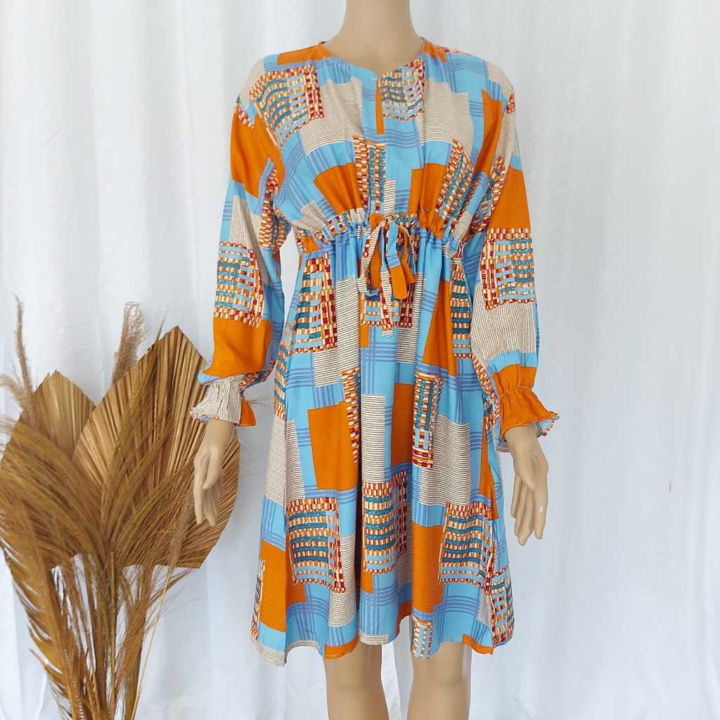 Tunik Rayon Baju Atasan Wanita Tali Pinggang Serut Motif