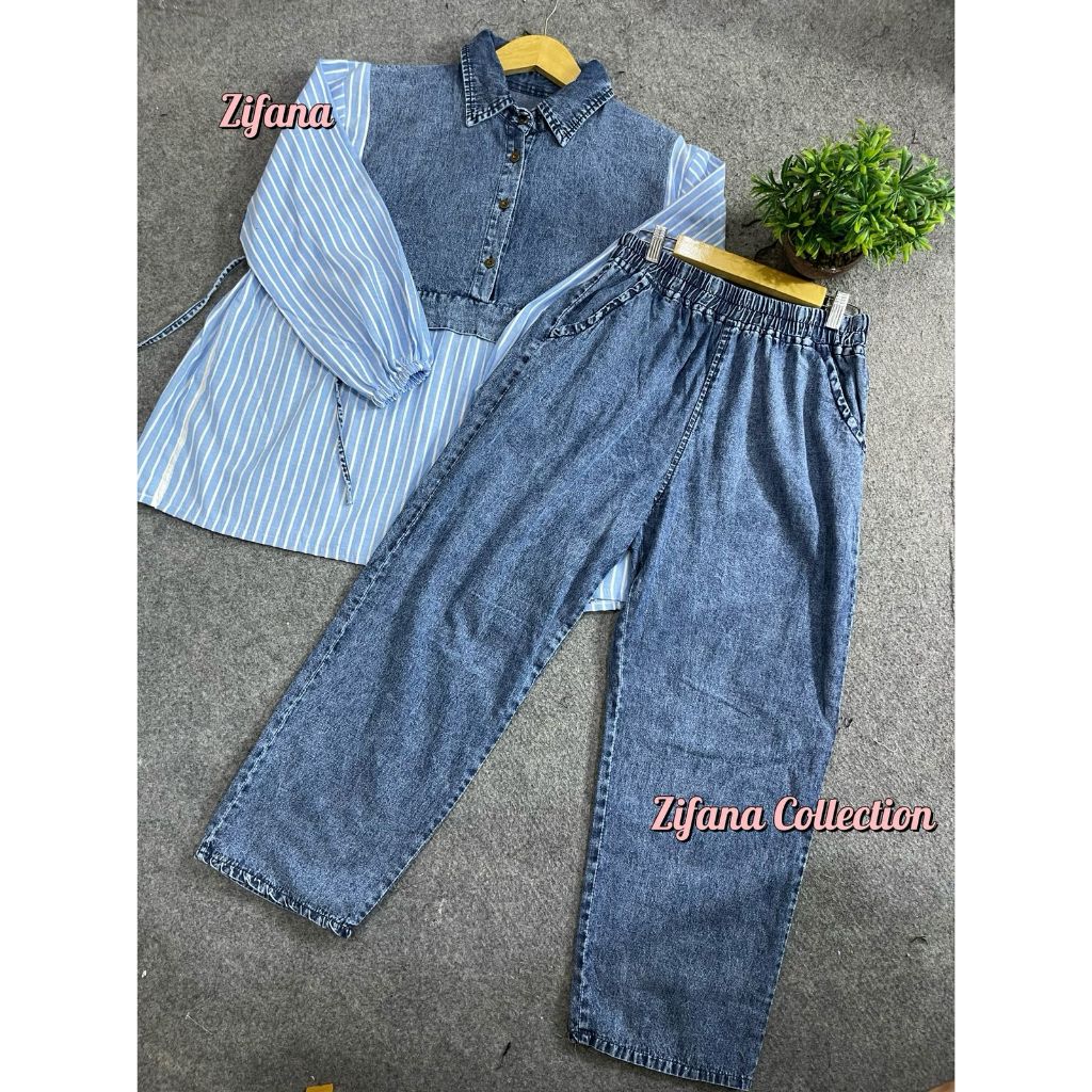 Zifana-Alisa Oneset Jeans Kombinasi Motif Salur Busui friendly Wanita Kekinian Dewasa - Muslim Gamis