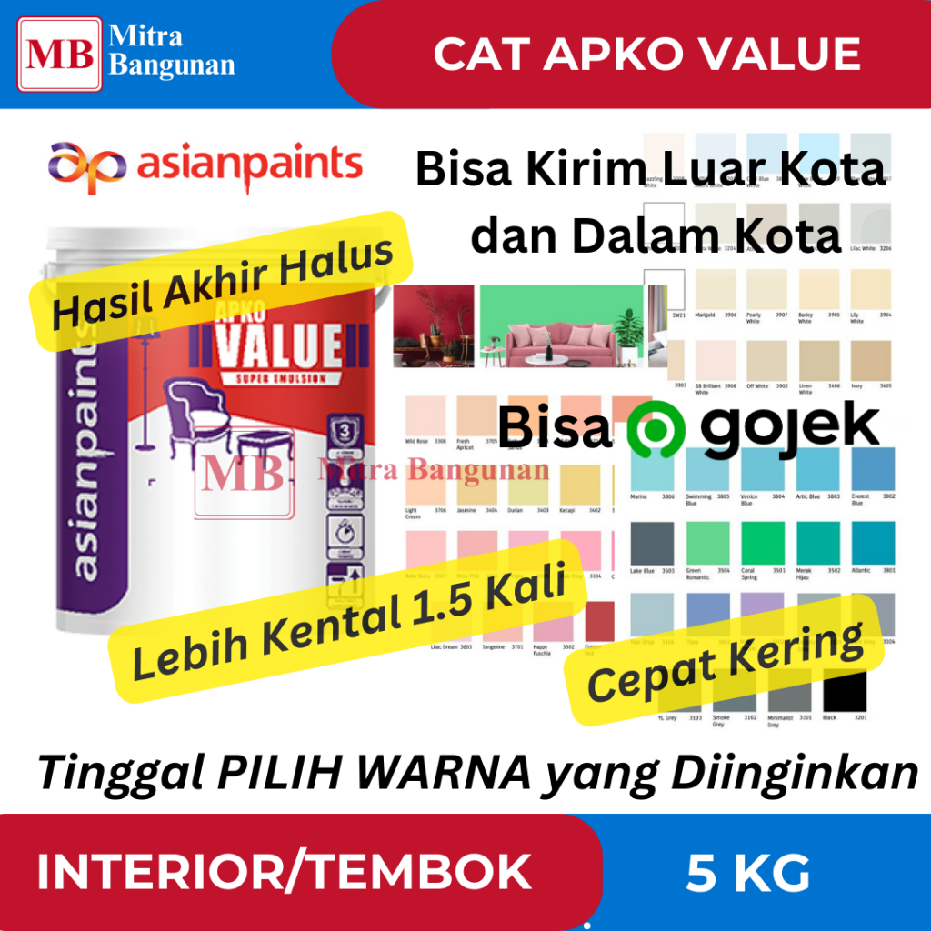 VALUE ASIAN PAINT CAT TEMBOK DINDING 5KG READY SEMUA WARNA BISA GOJEK DAN KIRIM LUAR KOTA